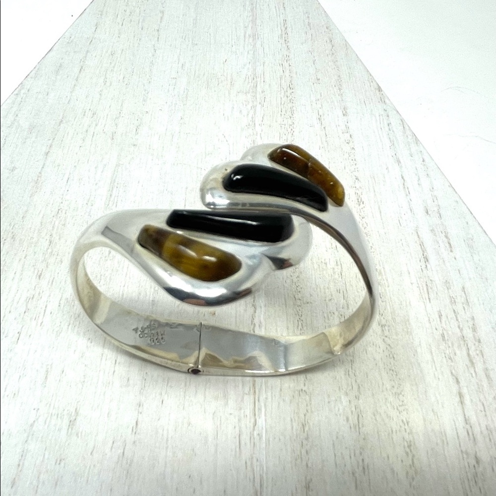 TAXCO Sterling silver, Onyx, Tiger’s Eye hinged cuff bracelet - Picture 5 of 12